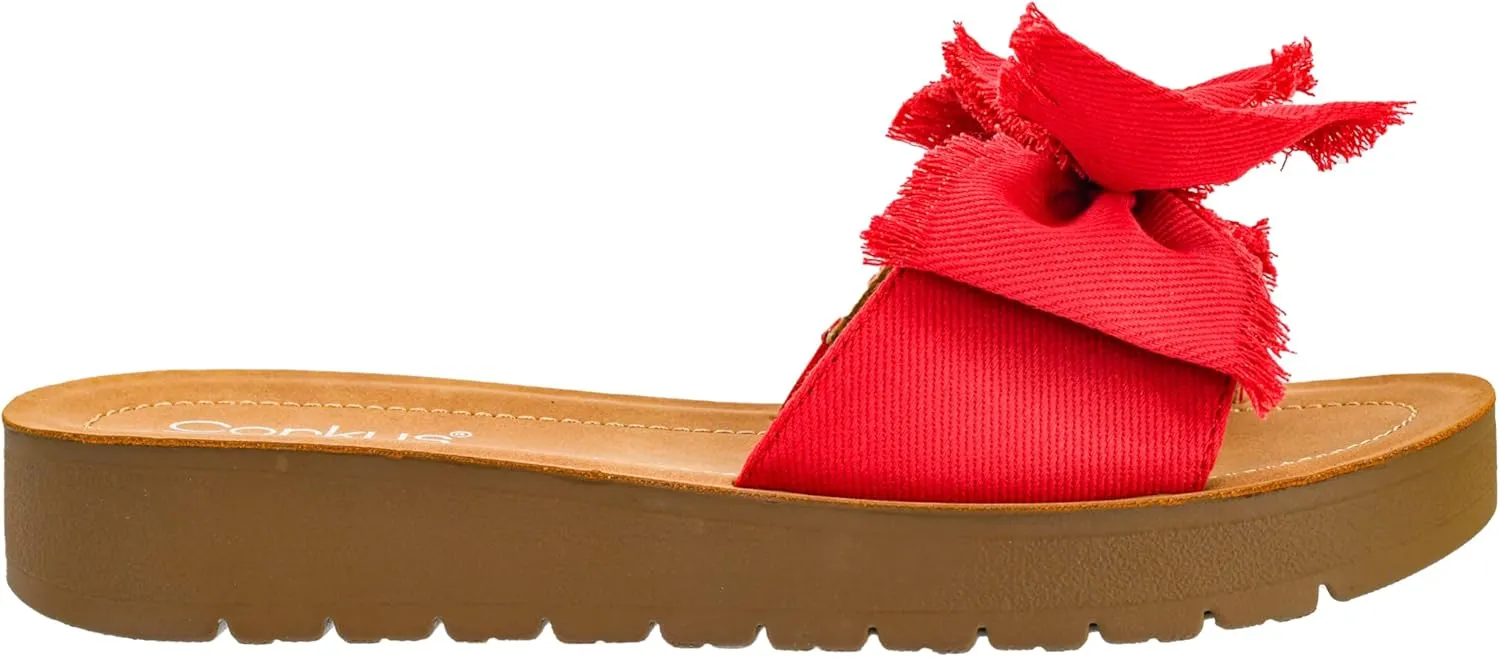 Corkys Footwear Spray Tan Sandal - Comfortable And Cushioned Insoles, Wide Strap with Bow, Frayed Edges On Upper, Open Toe, Easy And Convenient Slip-On Design