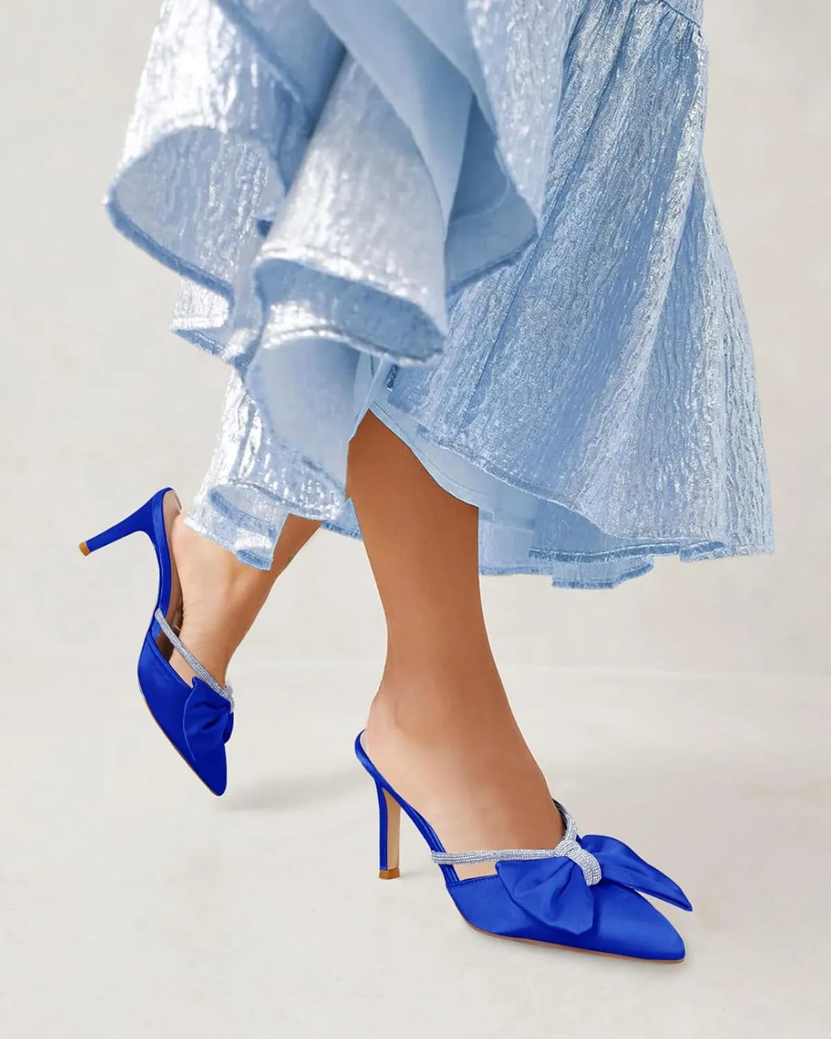 Coutgo Womens Bow Heels Mules Pointed Closed Toe Sandals Rhinestone Satin Backless Wedding Shoes