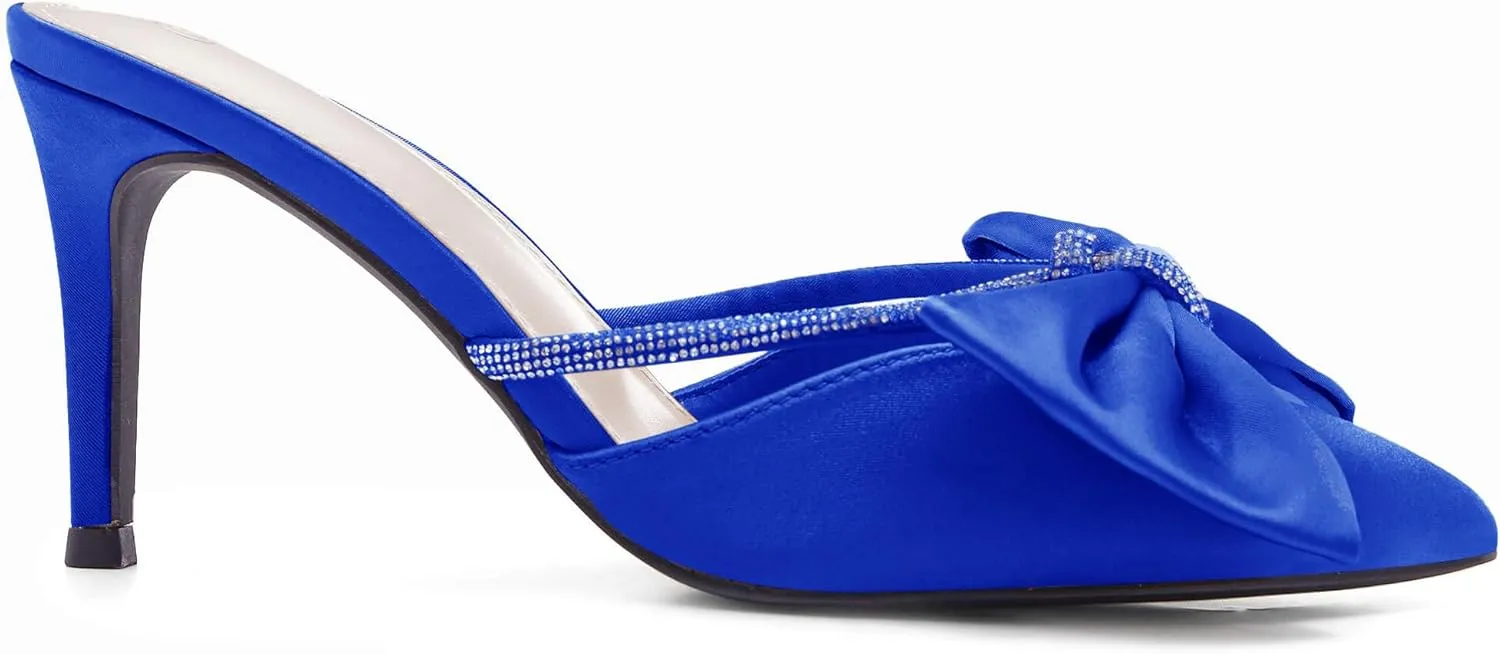 Coutgo Womens Bow Heels Mules Pointed Closed Toe Sandals Rhinestone Satin Backless Wedding Shoes