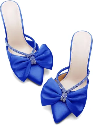 Coutgo Womens Bow Heels Mules Pointed Closed Toe Sandals Rhinestone Satin Backless Wedding Shoes