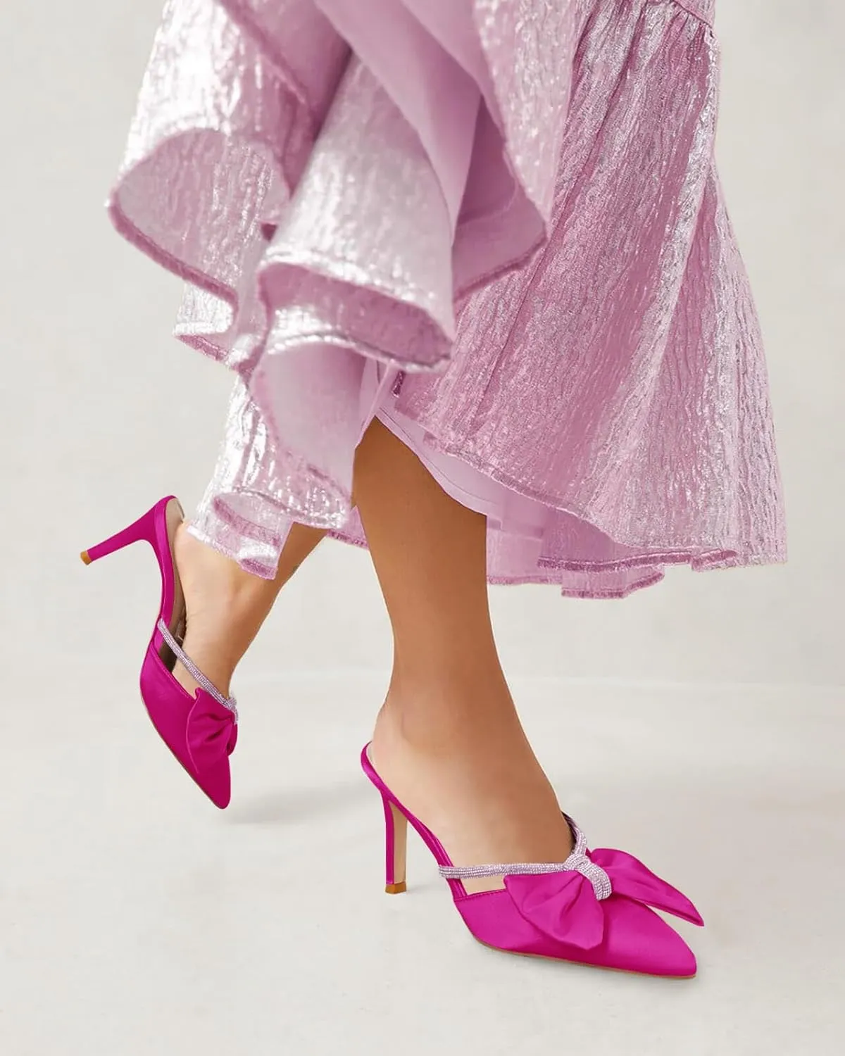 Coutgo Womens Bow Heels Mules Pointed Closed Toe Sandals Rhinestone Satin Backless Wedding Shoes