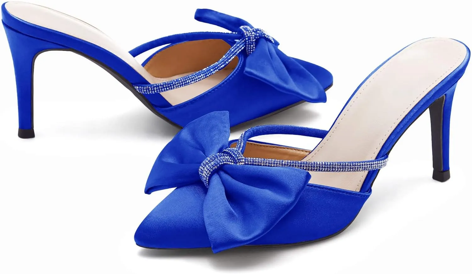 Coutgo Womens Bow Heels Mules Pointed Closed Toe Sandals Rhinestone Satin Backless Wedding Shoes