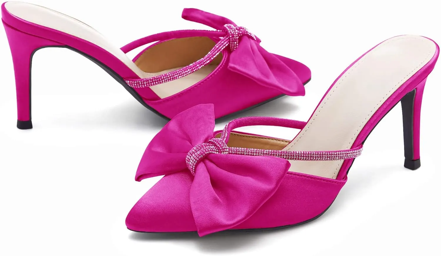 Coutgo Womens Bow Heels Mules Pointed Closed Toe Sandals Rhinestone Satin Backless Wedding Shoes