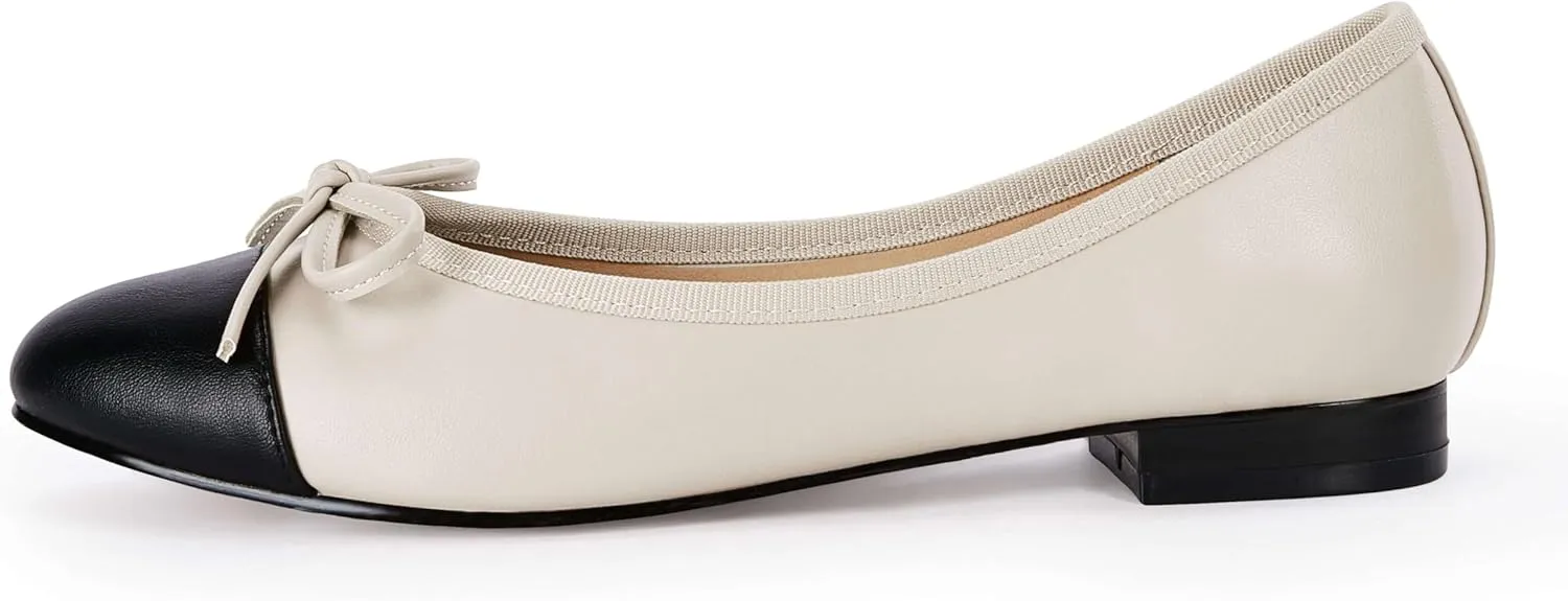 Coutgo Womens Cap Toe Ballet Flats Bow Pointed Toe Slip On Office Work Comfort Dress Party Flat Shoes