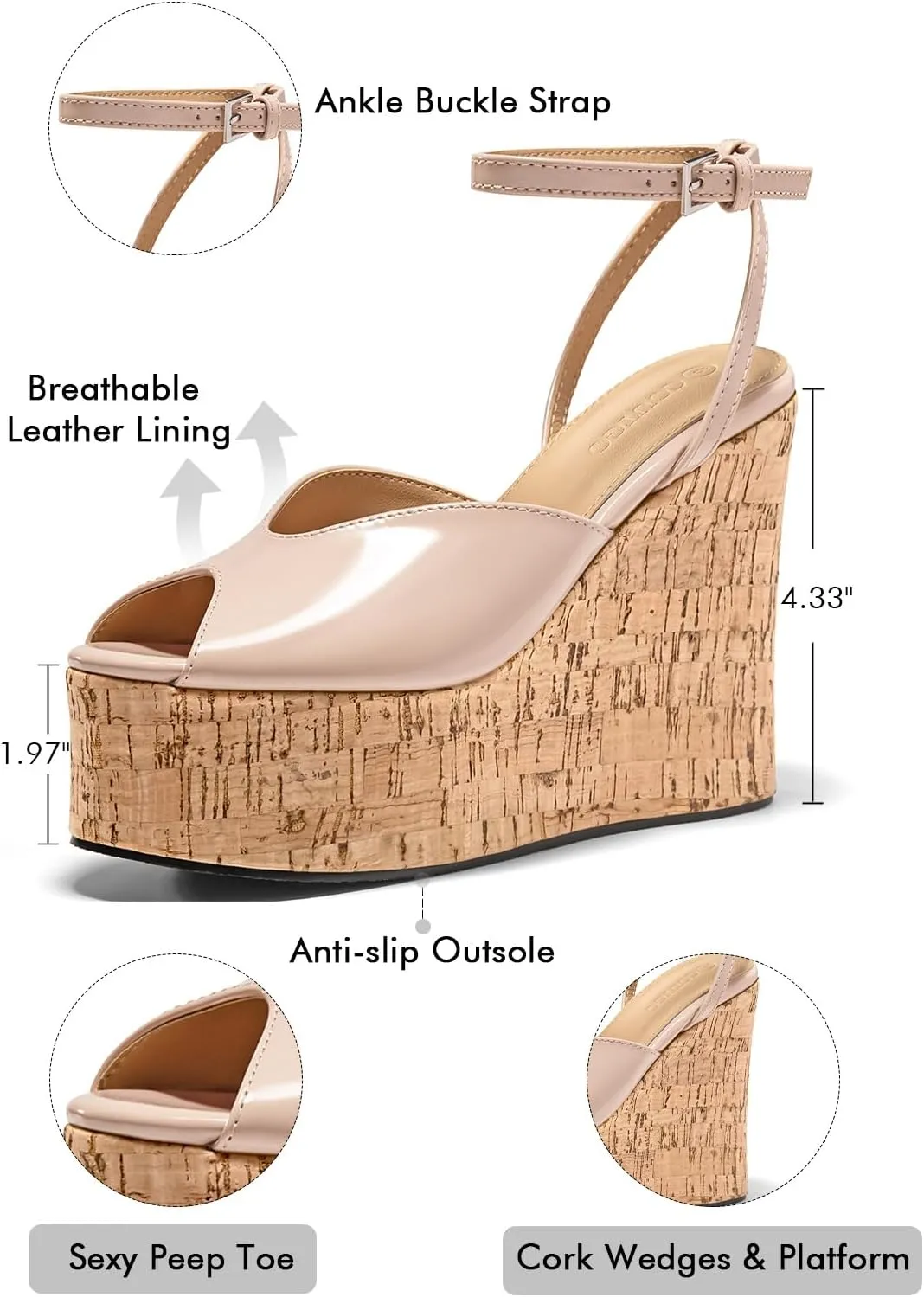 Coutgo Womens Platform Wedge Sandals Cork Dressy Peep Toe Ankle Buckle Strap High Heels Summer Shoes