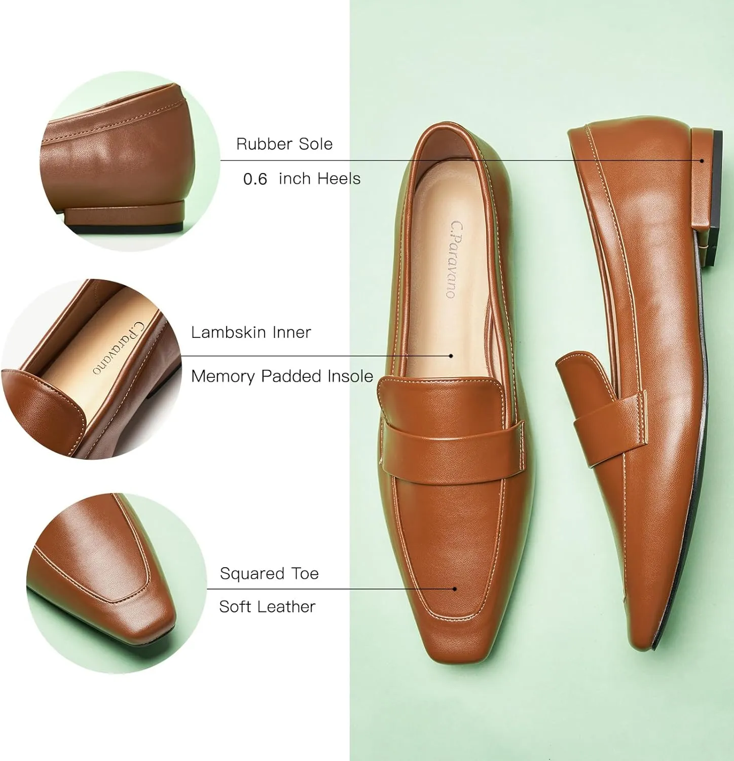 C.Paravano Loafers for Women, Slip-ons Penny Loafers Comfortable Dressy for Formal & Casual Wear, Square Toe Flats for Office