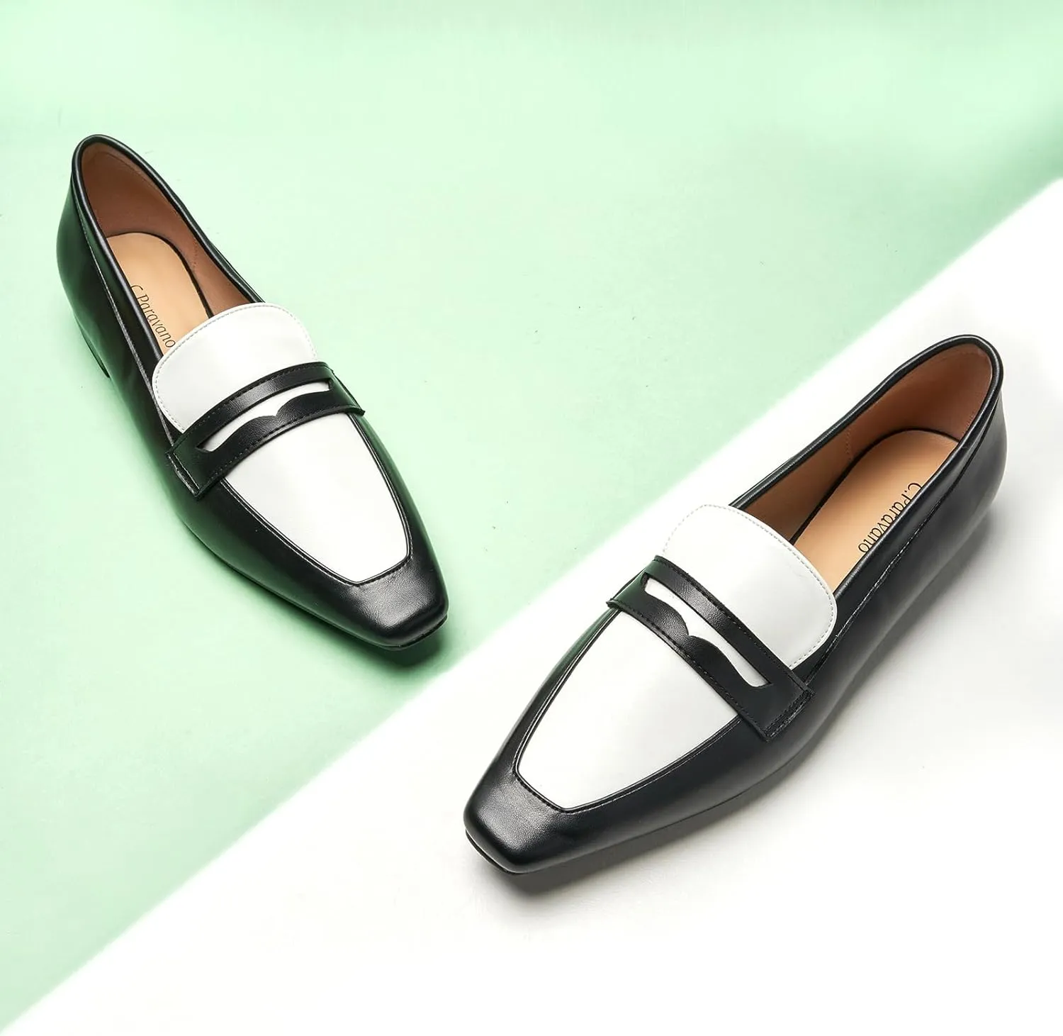 C.Paravano Penny Loafers for Women Formal Dress Square Toe Flats Slip on Loafer Shoes Comfort Loafer for Business Casual Wear
