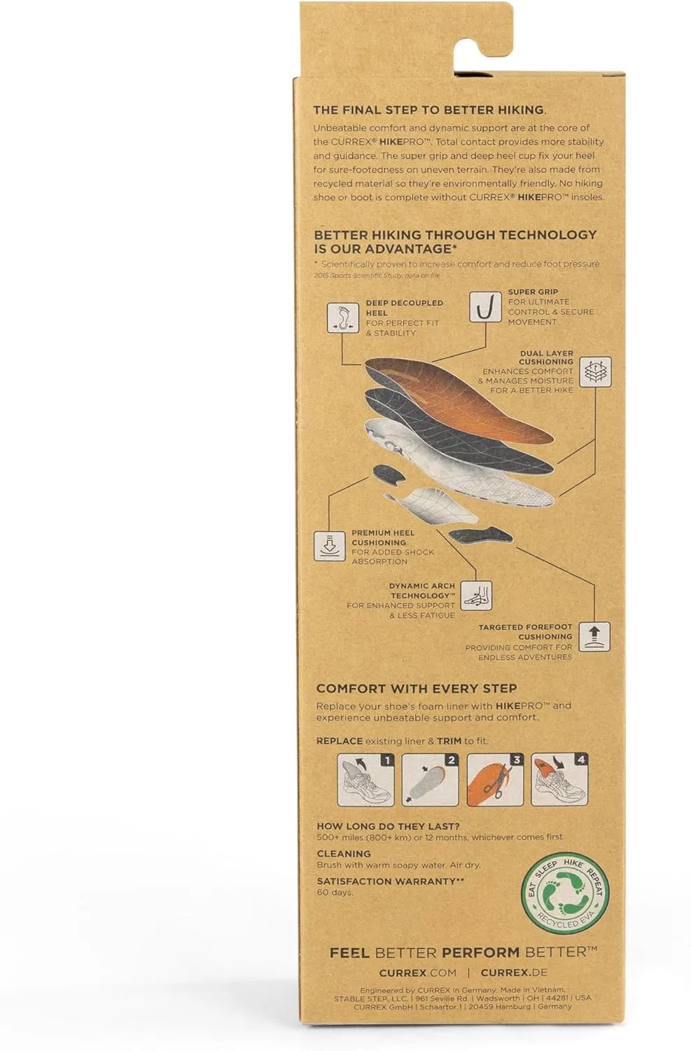 CURREX HikePro Insoles for Hiking Boots & Shoes – Shock Absorbing Inserts to Help Reduce Fatigue and Increase Performance – Anti-Slip Heel Surface for Stability – for Men & Women – High Arch, 2X