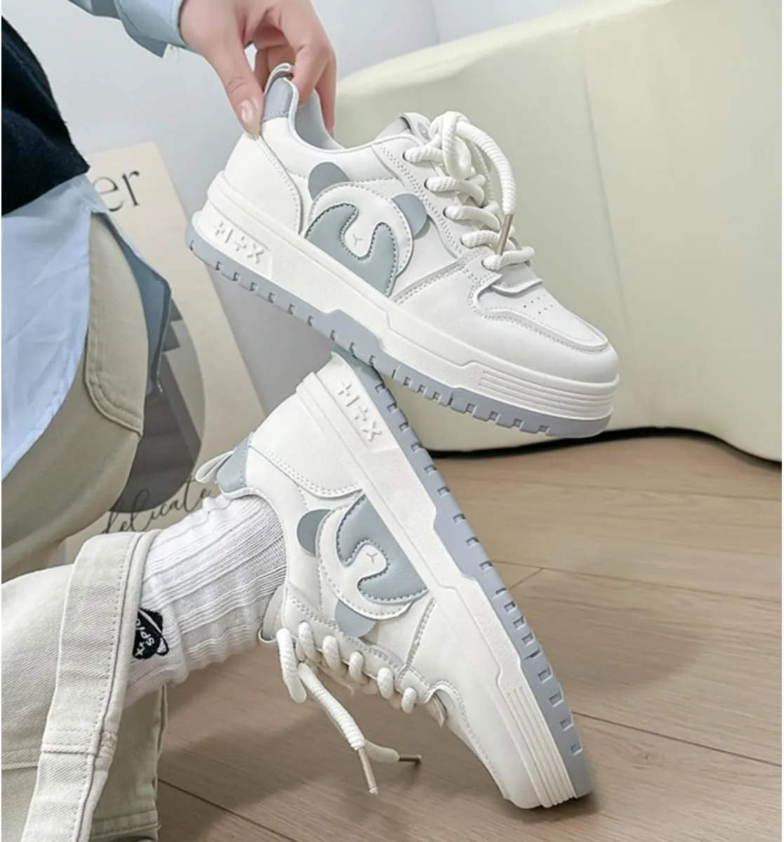 Cute Panda Sneakers for Women - White Platform Athletic Shoes with Animal Design, Casual Fashion Comfortable Walking Shoes