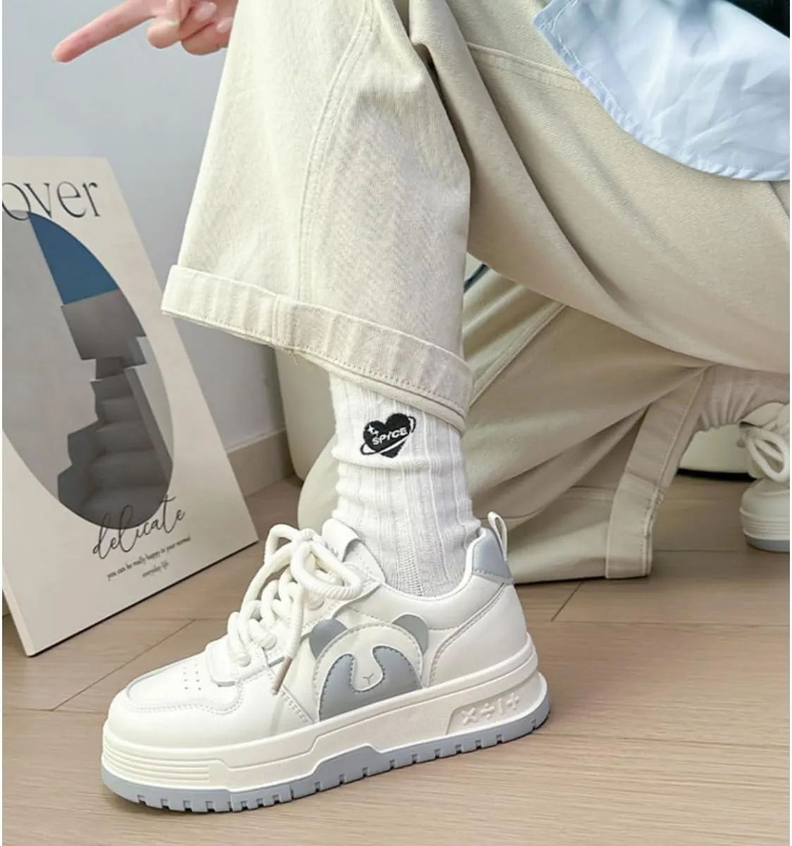 Cute Panda Sneakers for Women - White Platform Athletic Shoes with Animal Design, Casual Fashion Comfortable Walking Shoes