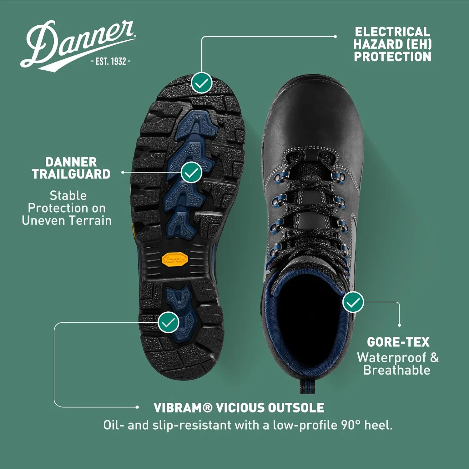 Danner Vicious 4.5” Waterproof Work Boots for Men - Full-Grain Leather with Breathable Gore-Tex Lining, Speed Lace System, and Non Slip Heeled Outsole
