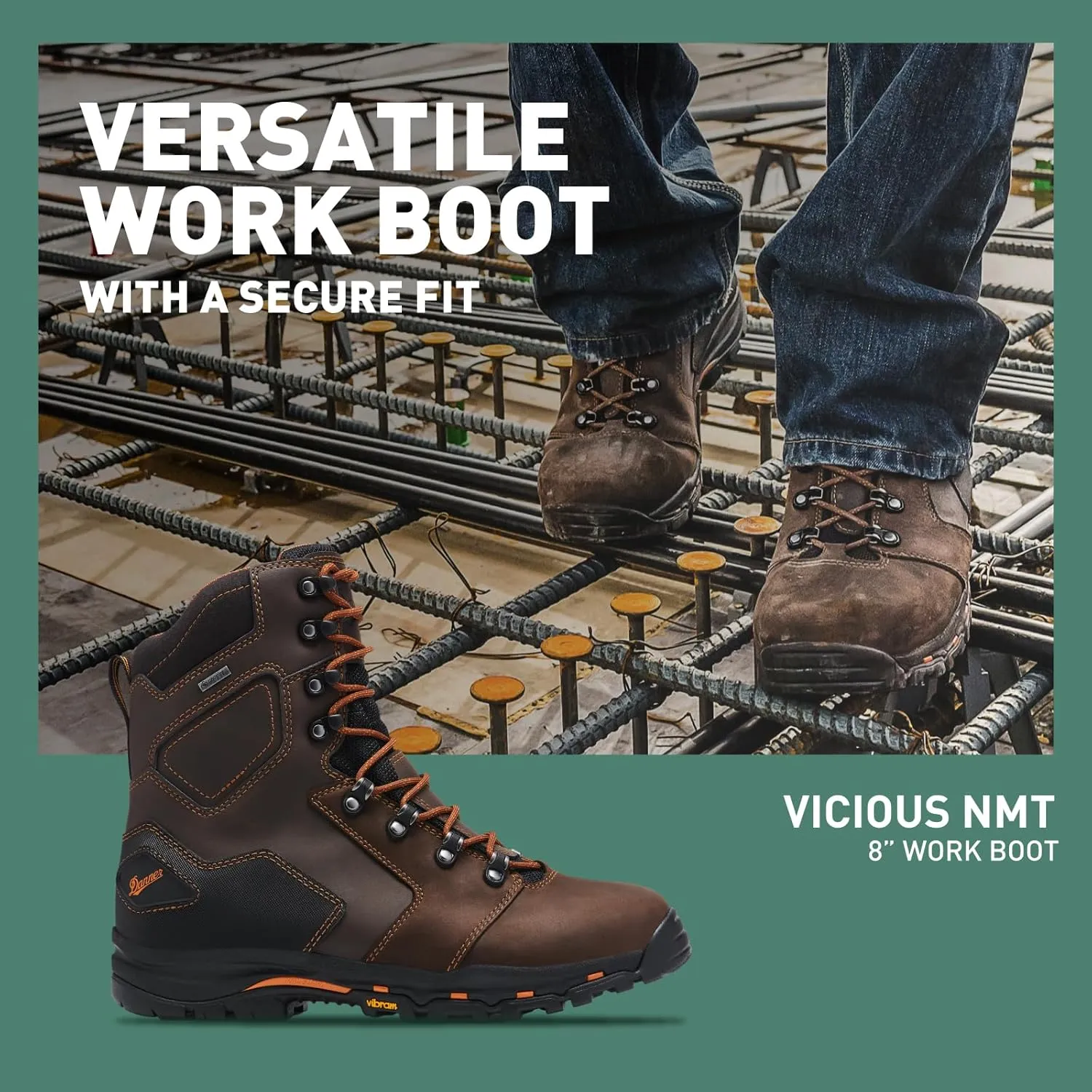 Danner Vicious 8” Composite Toe Work Boots for Men - Full-Grain Leather with Breathable Gore-Tex Lining, Speed Lace System & Non Slip Heeled Outsole