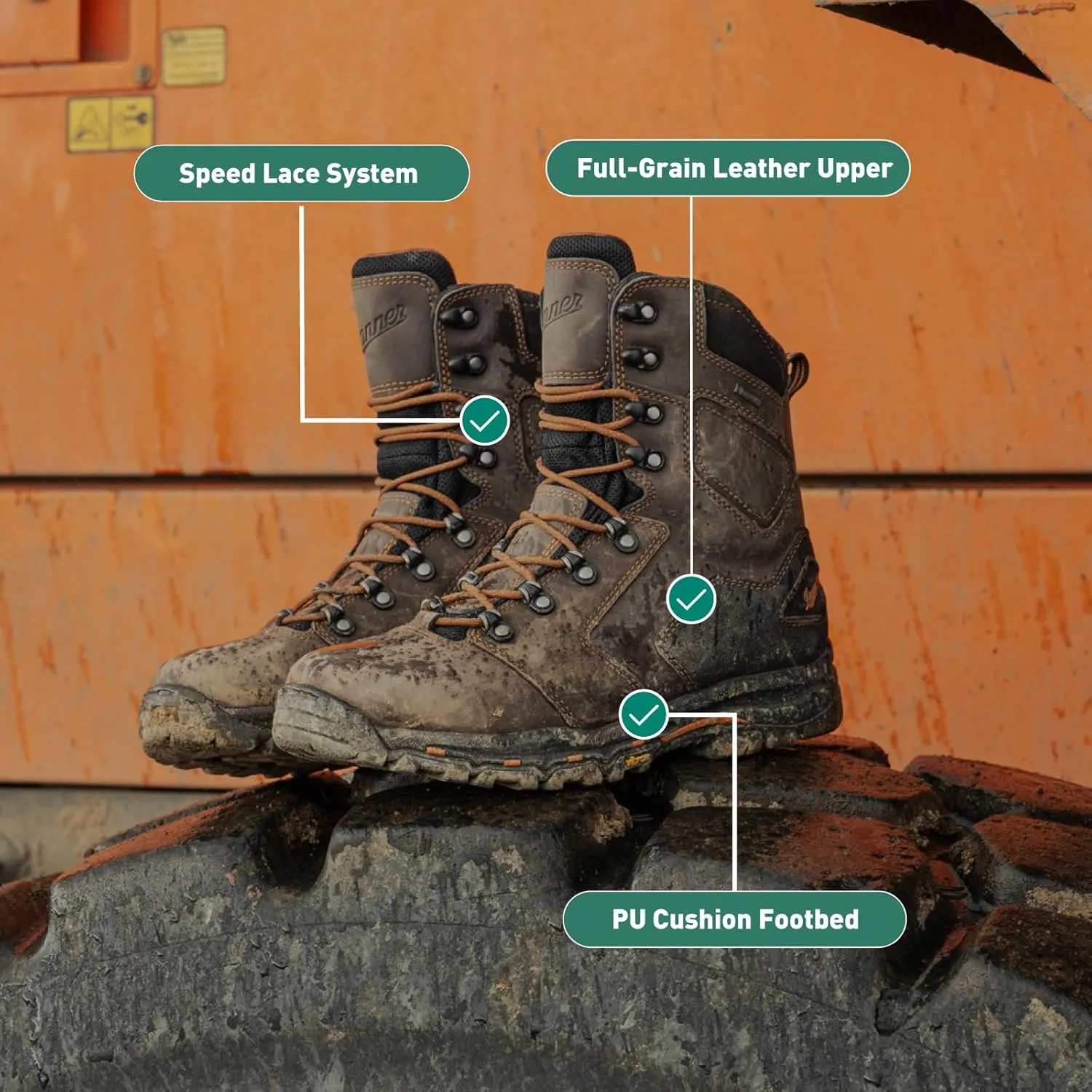 Danner Vicious 8” Waterproof Work Boots for Men - Full-Grain Leather with Breathable Gore-Tex Lining, Speed Lace System & Non Slip Heeled Outsole