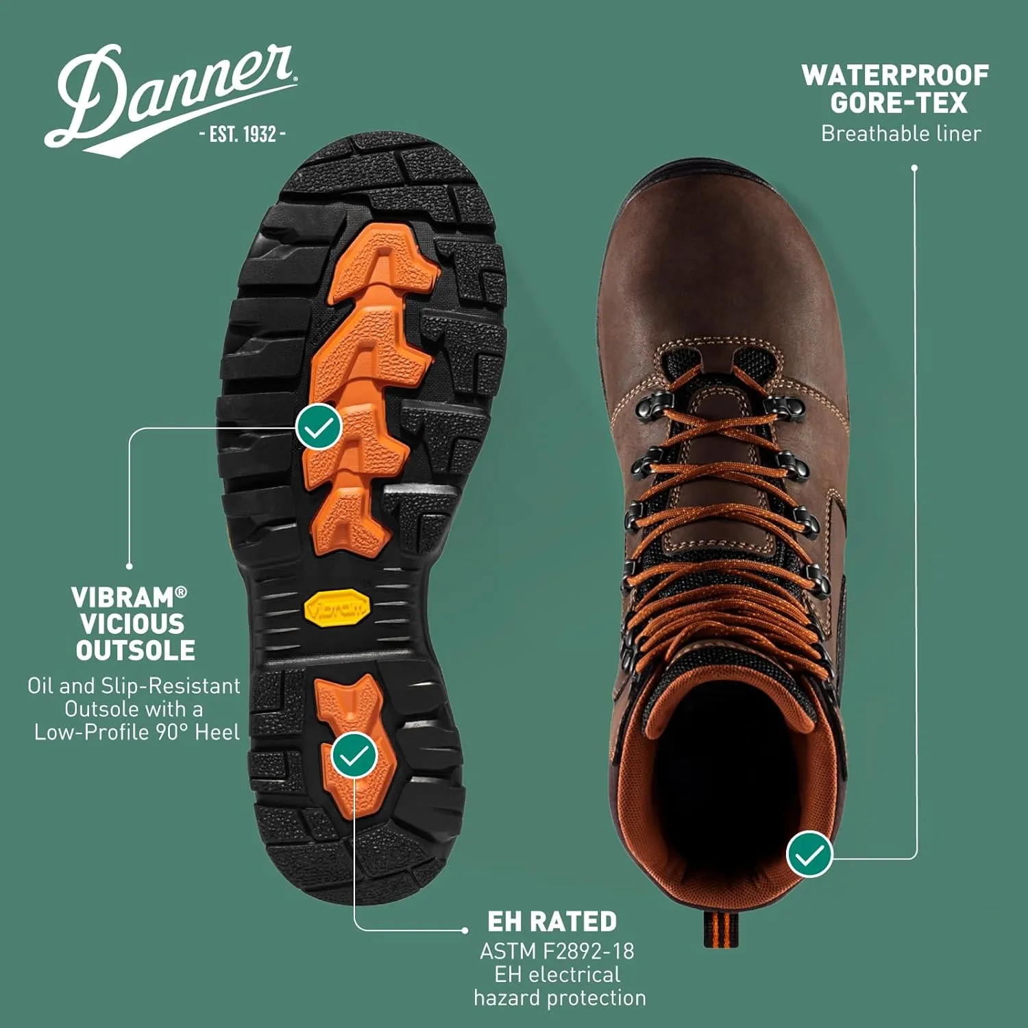 Danner Vicious 8” Waterproof Work Boots for Men - Full-Grain Leather with Breathable Gore-Tex Lining, Speed Lace System & Non Slip Heeled Outsole