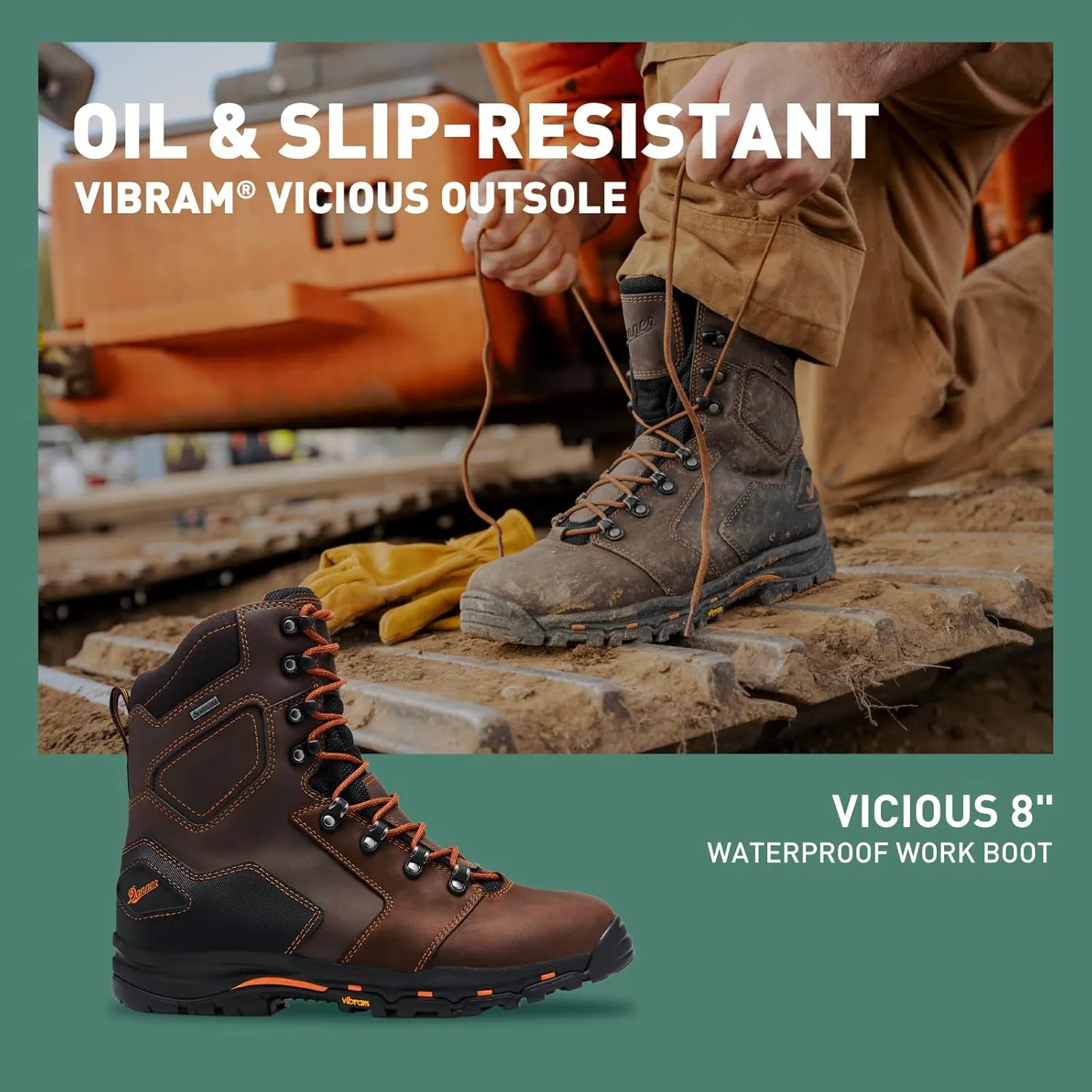 Danner Vicious 8” Waterproof Work Boots for Men - Full-Grain Leather with Breathable Gore-Tex Lining, Speed Lace System & Non Slip Heeled Outsole