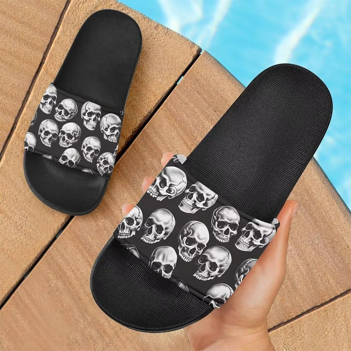 Day of the Dead Skull Print Women Slide Sandals Non Slip Summer House Slippers for Women Slip-on Flip Flops Indoor Outdoor