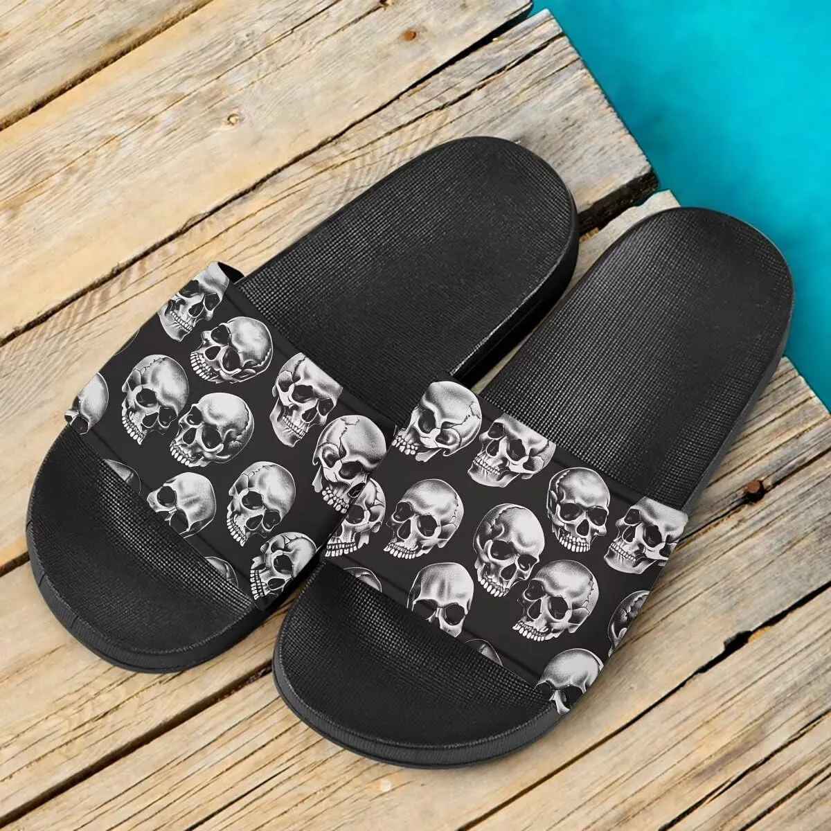 Day of the Dead Skull Print Women Slide Sandals Non Slip Summer House Slippers for Women Slip-on Flip Flops Indoor Outdoor