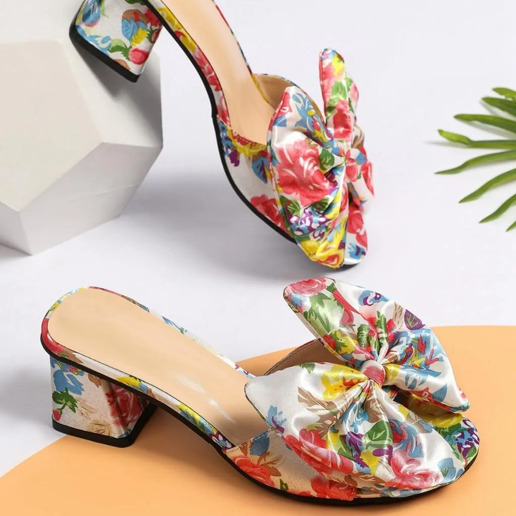 DINTAHA Womens Bow Multicolor Floral Print Heels Chunky Heeled Mules Open Toe Sandals