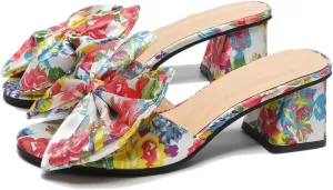 DINTAHA Womens Bow Multicolor Floral Print Heels Chunky Heeled Mules Open Toe Sandals