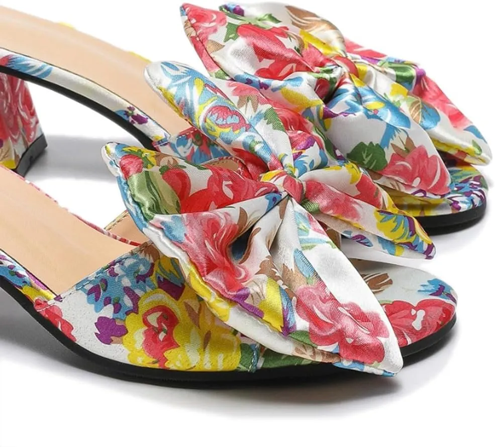 DINTAHA Womens Bow Multicolor Floral Print Heels Chunky Heeled Mules Open Toe Sandals
