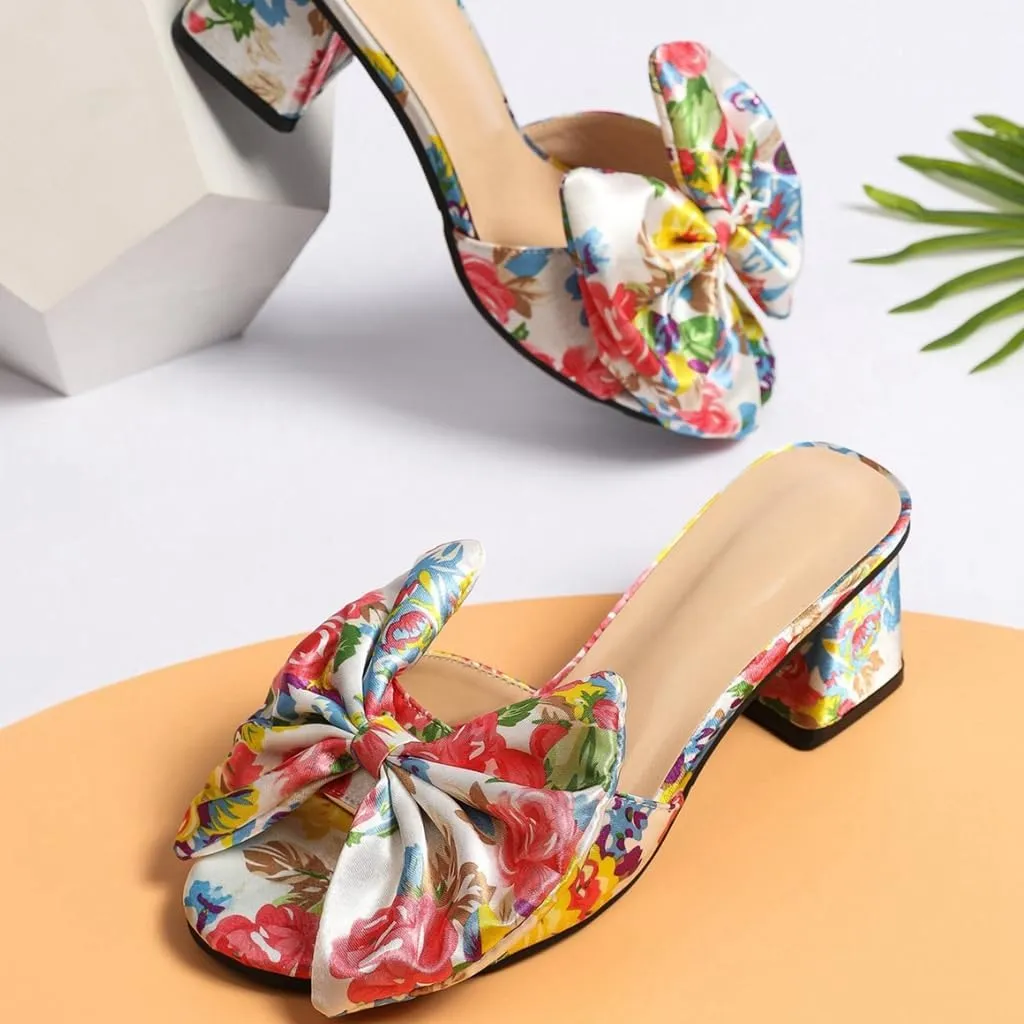 DINTAHA Womens Bow Multicolor Floral Print Heels Chunky Heeled Mules Open Toe Sandals