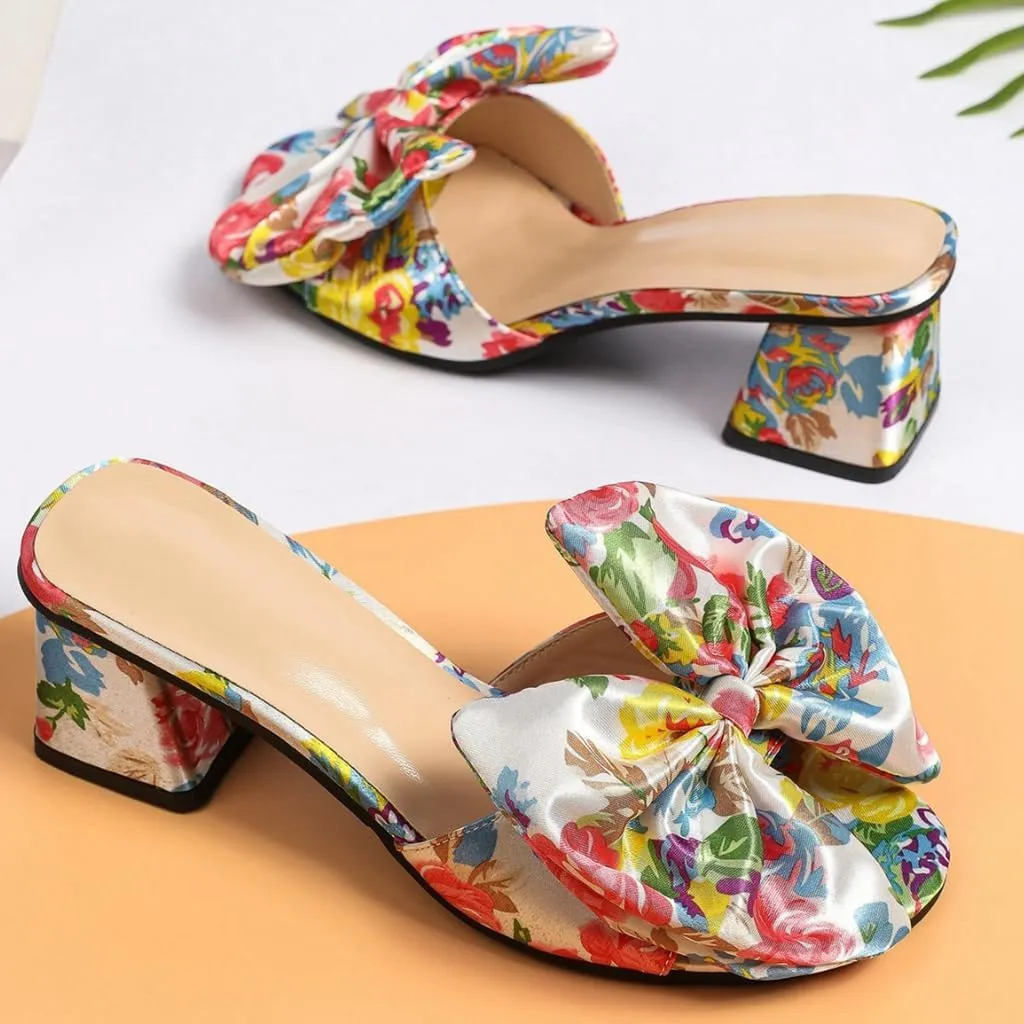 DINTAHA Womens Bow Multicolor Floral Print Heels Chunky Heeled Mules Open Toe Sandals