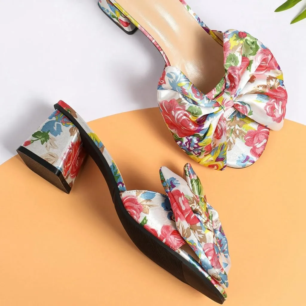 DINTAHA Womens Bow Multicolor Floral Print Heels Chunky Heeled Mules Open Toe Sandals