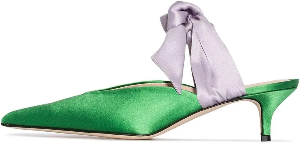 Divanne Heeled Mules, Satin Kitten Heels Bow Mule Slides Pointed Toe Slingback Pumps Backless Dress Sandals