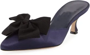 Divanne Heeled Mules, Satin Kitten Heels Bow Mule Slides Pointed Toe Slingback Pumps Backless Dress Sandals