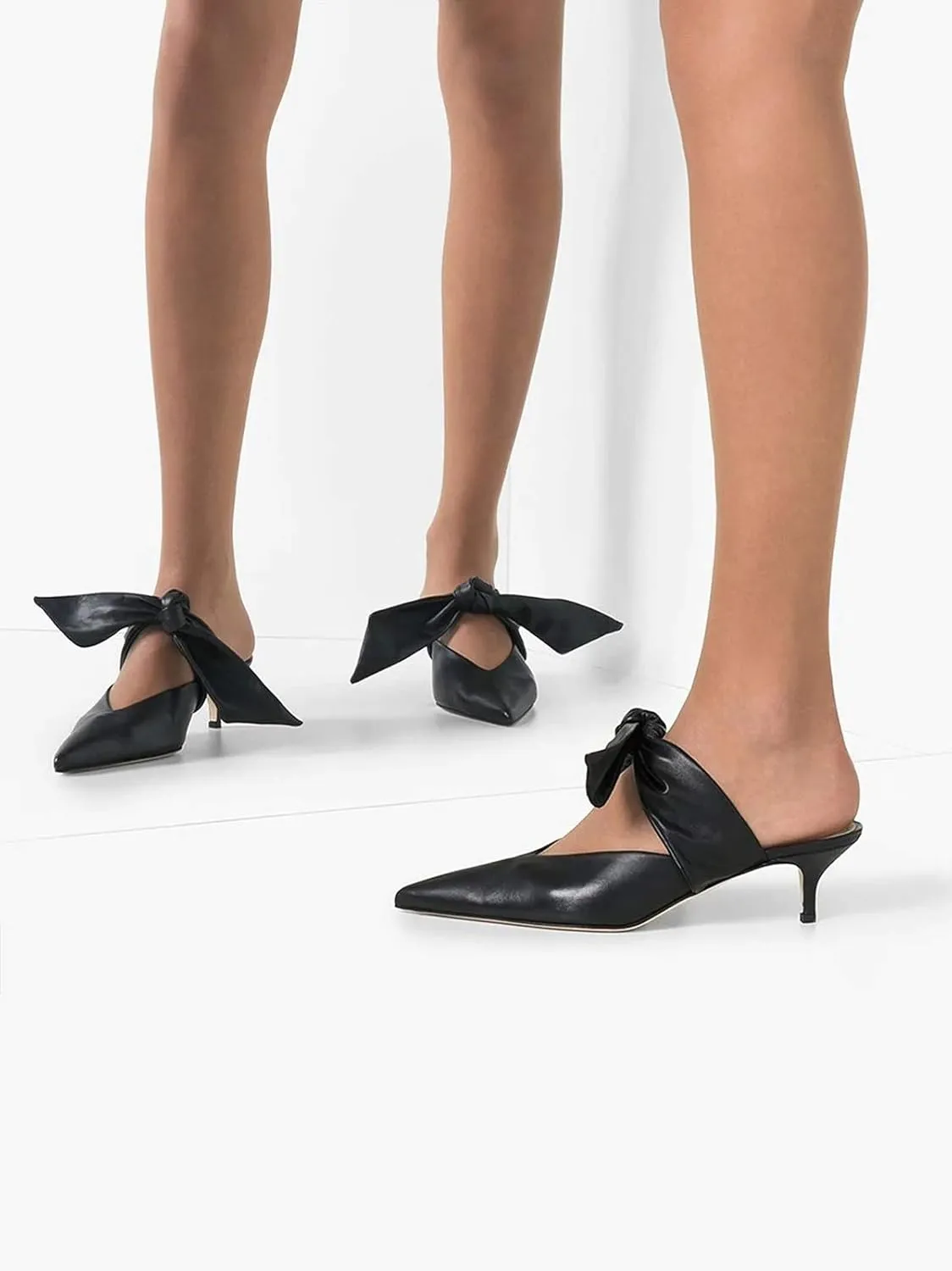 Divanne Heeled Mules, Satin Kitten Heels Bow Mule Slides Pointed Toe Slingback Pumps Backless Dress Sandals
