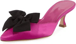 Divanne Heeled Mules, Satin Kitten Heels Bow Mule Slides Pointed Toe Slingback Pumps Backless Dress Sandals