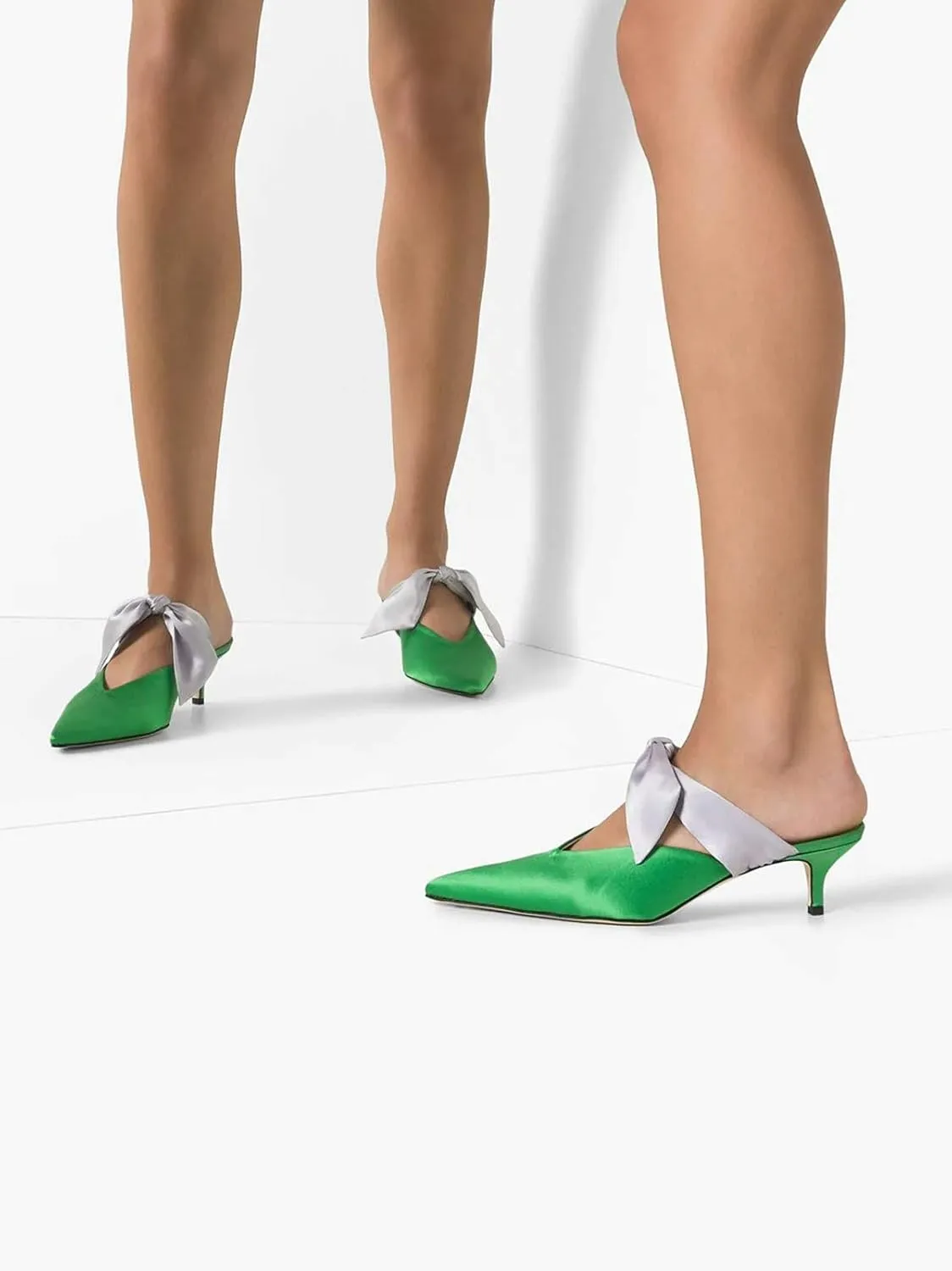 Divanne Heeled Mules, Satin Kitten Heels Bow Mule Slides Pointed Toe Slingback Pumps Backless Dress Sandals