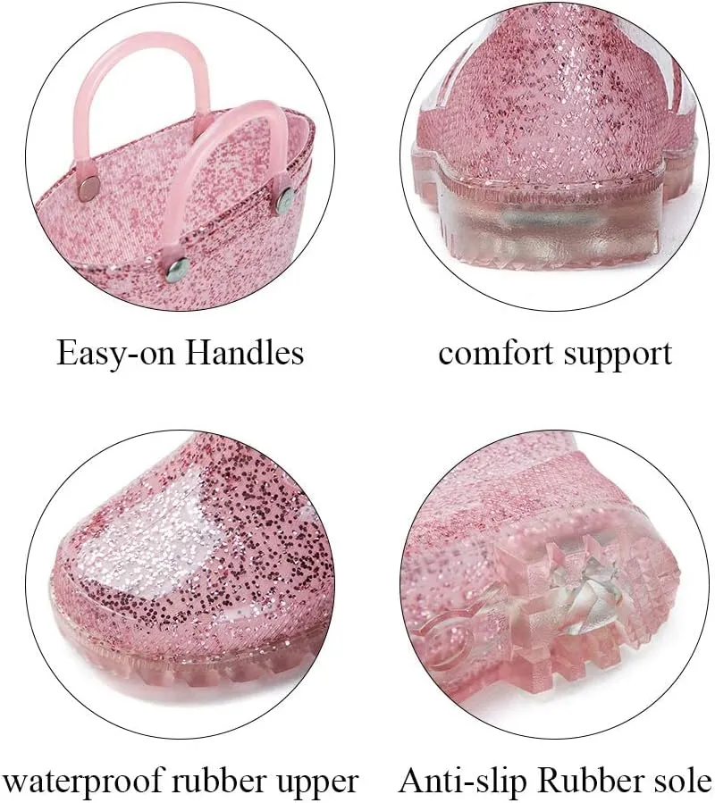 DKSUKO Toddler Rain Boots Glitter Waterprof Rubber Boots with Easy-on Handles