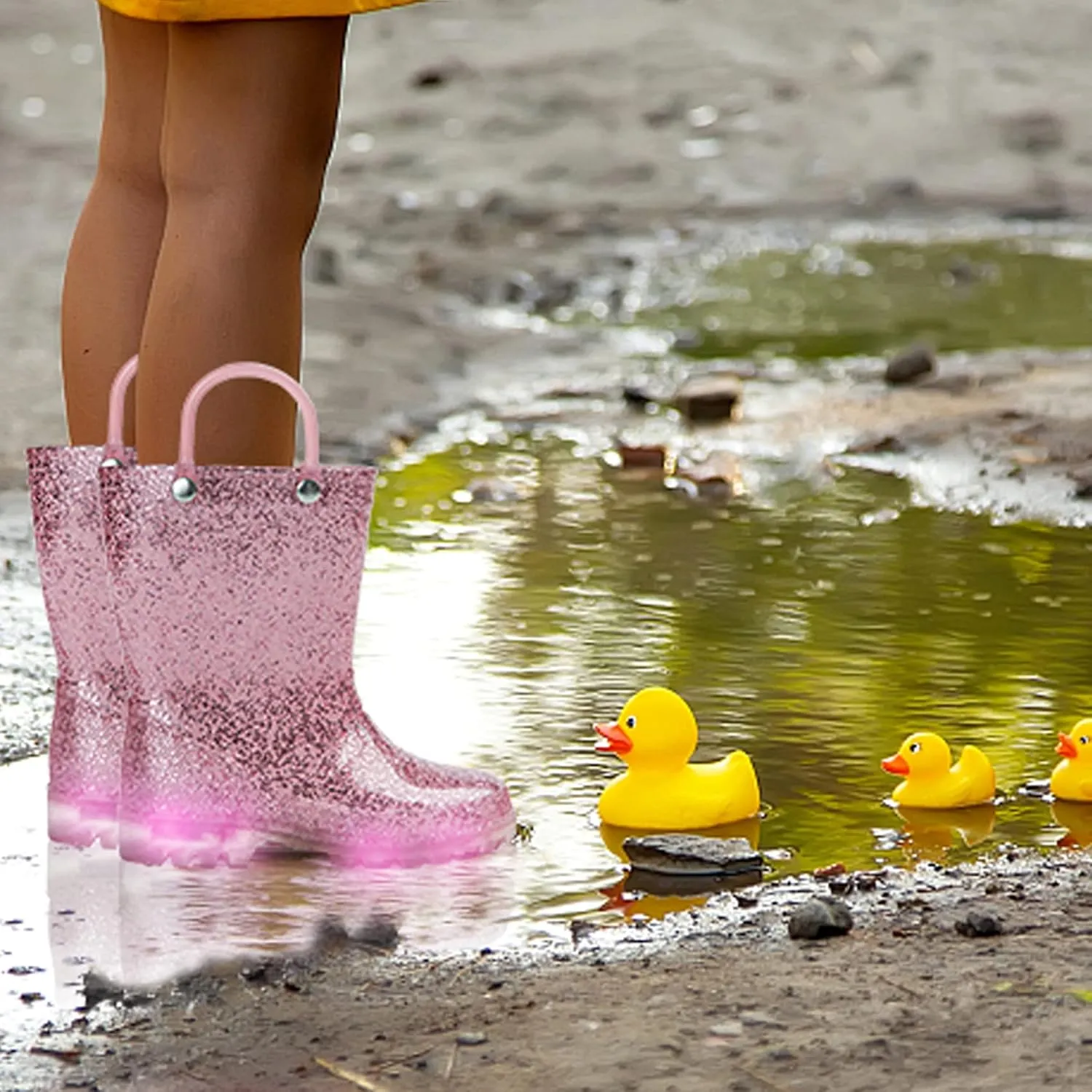 DKSUKO Toddler Rain Boots Glitter Waterprof Rubber Boots with Easy-on Handles