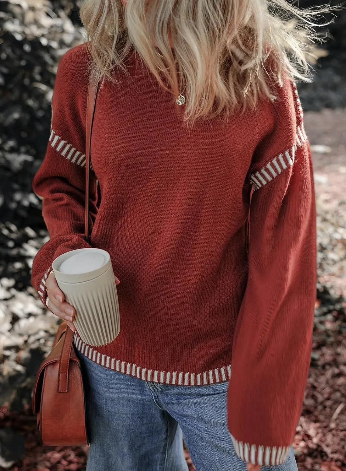 Dokotoo Sweaters for Women Fashion Solid Crewneck Loose Fit Long Sleeve Contrast Cable Knit Pullover Sweater Jumper Tops
