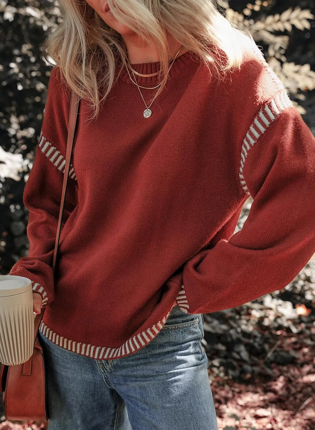 Dokotoo Sweaters for Women Fashion Solid Crewneck Loose Fit Long Sleeve Contrast Cable Knit Pullover Sweater Jumper Tops