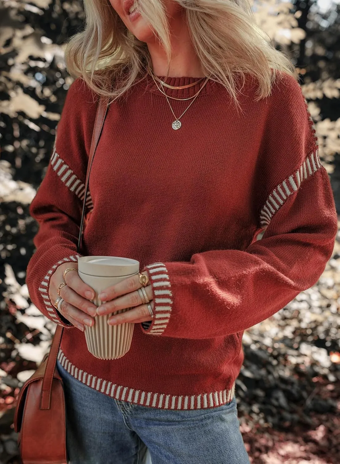 Dokotoo Sweaters for Women Fashion Solid Crewneck Loose Fit Long Sleeve Contrast Cable Knit Pullover Sweater Jumper Tops