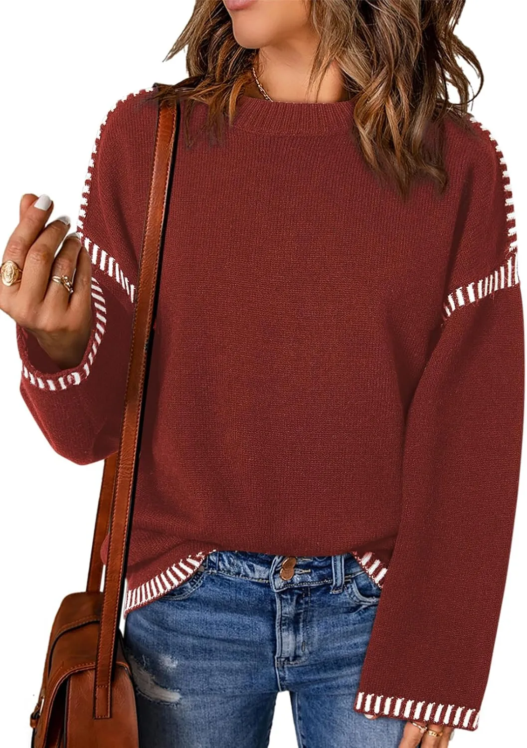 Dokotoo Sweaters for Women Fashion Solid Crewneck Loose Fit Long Sleeve Contrast Cable Knit Pullover Sweater Jumper Tops