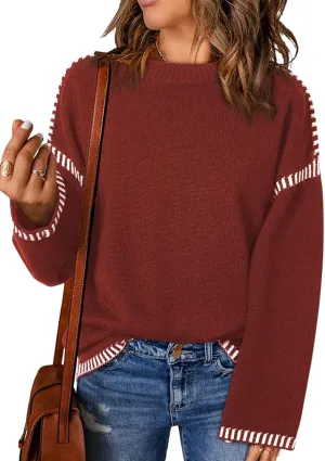 Dokotoo Sweaters for Women Fashion Solid Crewneck Loose Fit Long Sleeve Contrast Cable Knit Pullover Sweater Jumper Tops