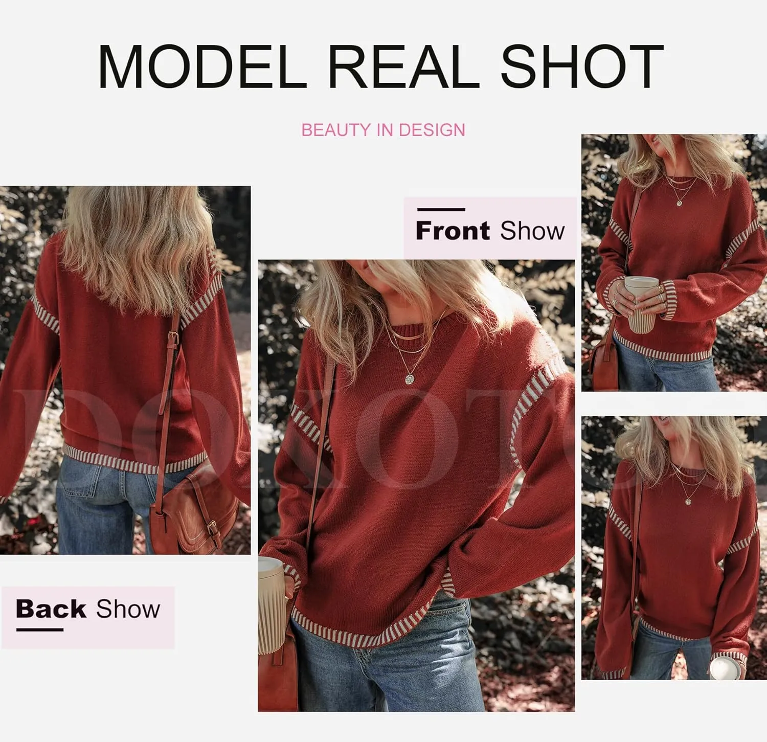 Dokotoo Sweaters for Women Fashion Solid Crewneck Loose Fit Long Sleeve Contrast Cable Knit Pullover Sweater Jumper Tops