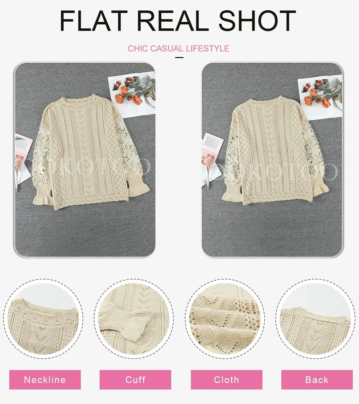 Dokotoo Womens Crewneck Crochet Lace Long Sleeve Hollow Out Cable Knit Sweaters Pullover Tops