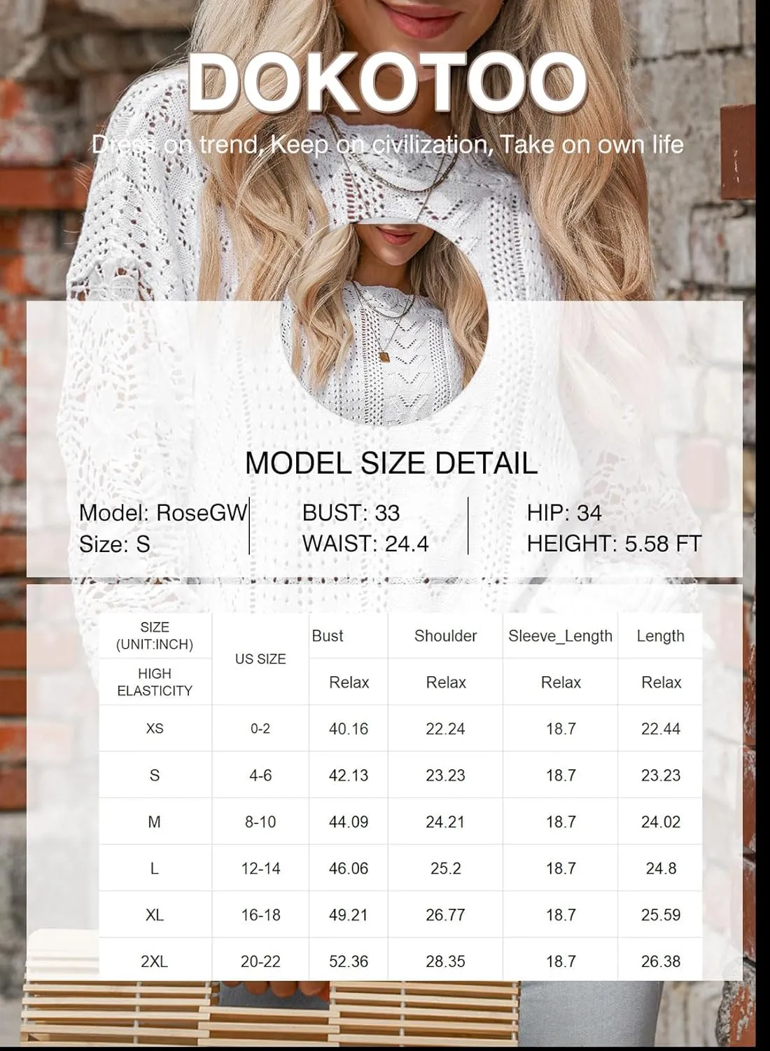 Dokotoo Womens Crewneck Crochet Lace Long Sleeve Hollow Out Cable Knit Sweaters Pullover Tops