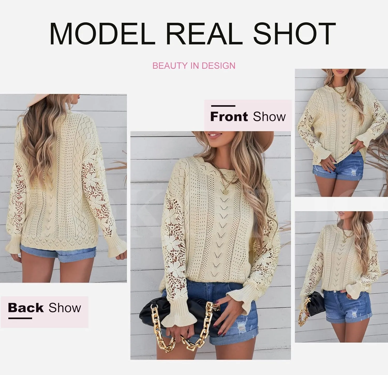 Dokotoo Womens Crewneck Crochet Lace Long Sleeve Hollow Out Cable Knit Sweaters Pullover Tops