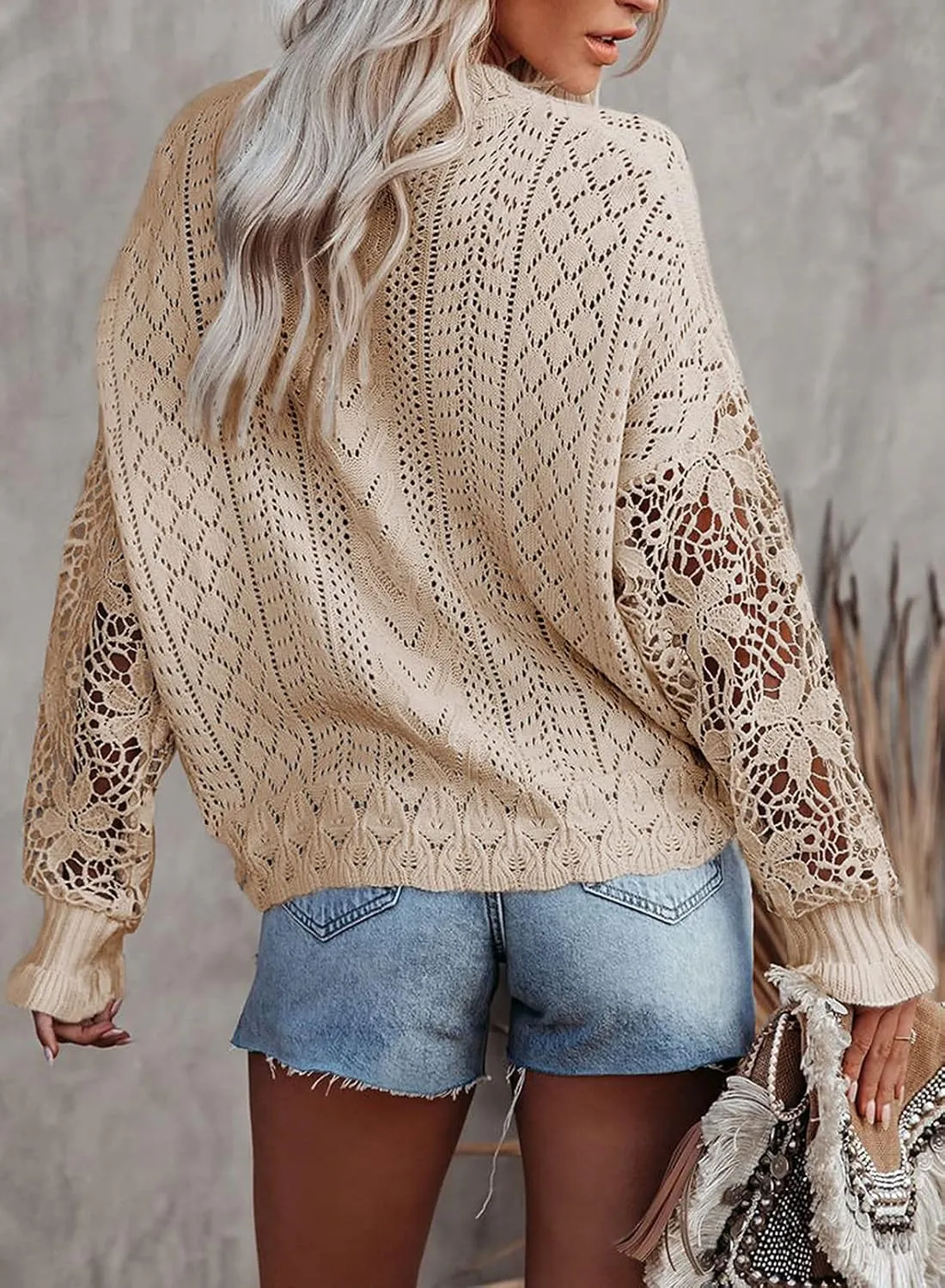 Dokotoo Womens Crewneck Crochet Lace Long Sleeve Hollow Out Cable Knit Sweaters Pullover Tops