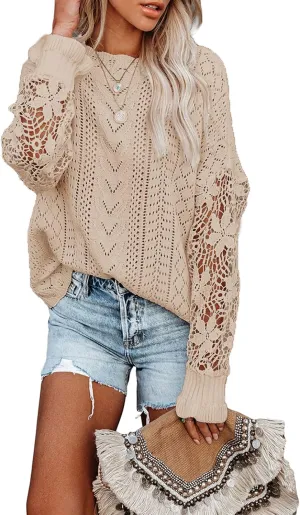 Dokotoo Womens Crewneck Crochet Lace Long Sleeve Hollow Out Cable Knit Sweaters Pullover Tops