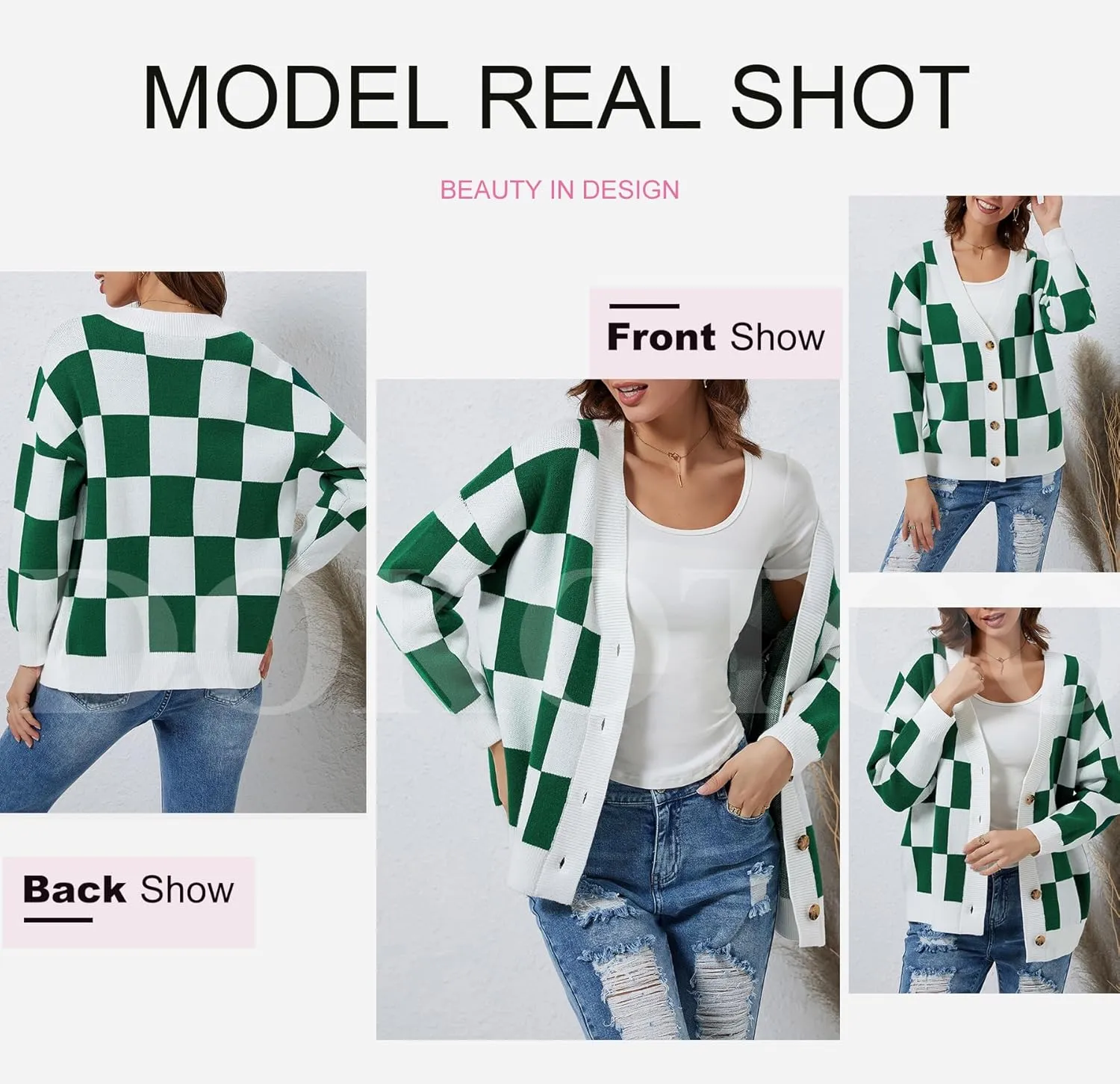 Dokotoo Womens Plaid V Neck Button Down Long Sleeve Cable Knit Oversized Cardigan Sweaters Tops