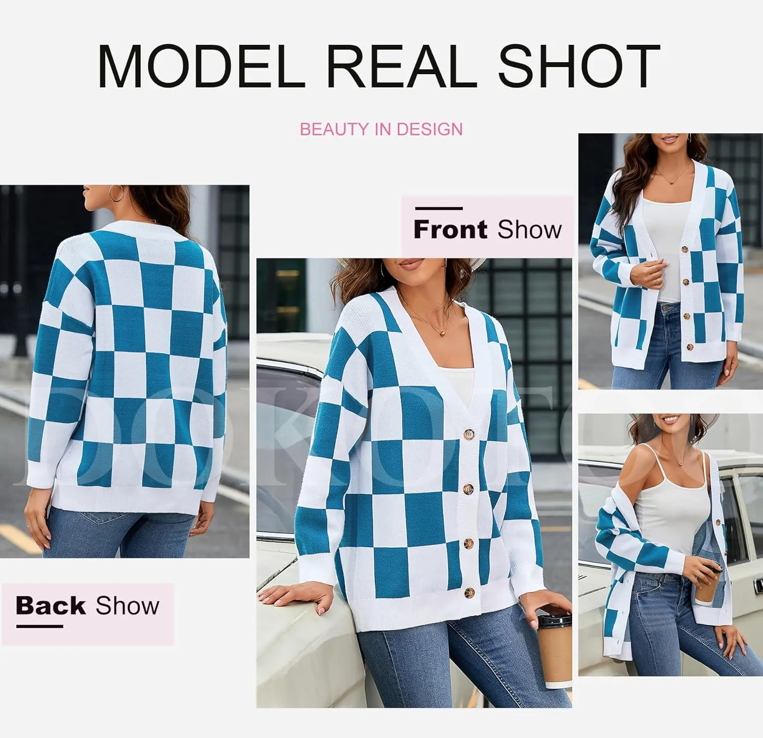 Dokotoo Womens Plaid V Neck Button Down Long Sleeve Cable Knit Oversized Cardigan Sweaters Tops