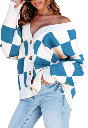 Dokotoo Womens Plaid V Neck Button Down Long Sleeve Cable Knit Oversized Cardigan Sweaters Tops