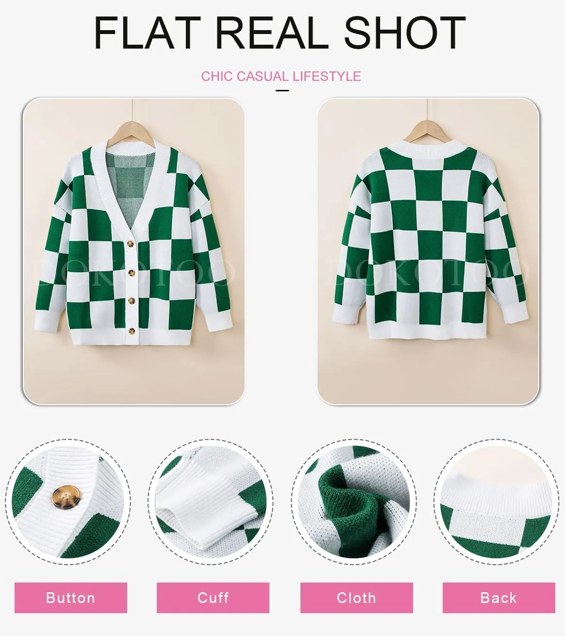 Dokotoo Womens Plaid V Neck Button Down Long Sleeve Cable Knit Oversized Cardigan Sweaters Tops