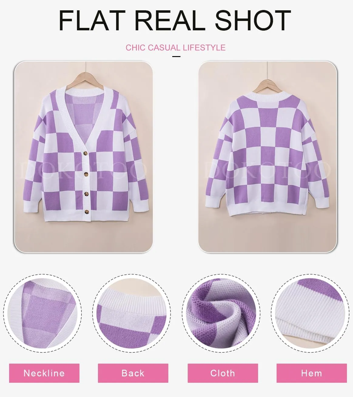 Dokotoo Womens Plaid V Neck Button Down Long Sleeve Cable Knit Oversized Cardigan Sweaters Tops